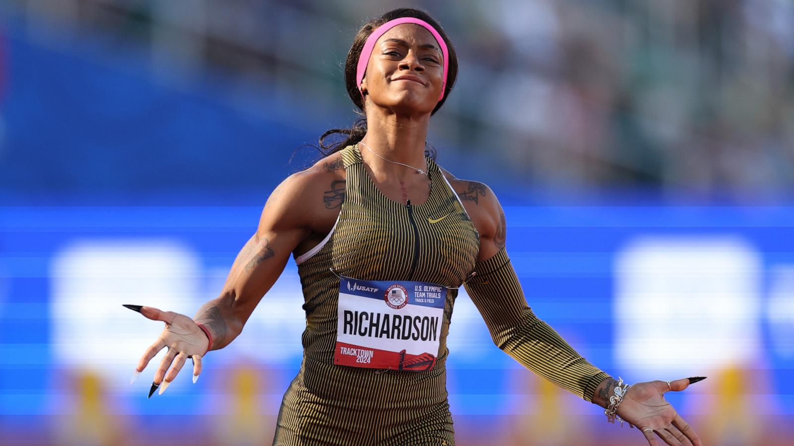 PHOTO: Sha'Carri Richardson crosses the finish line of the women's 100 meter dash semi-final on Day Two of the 2024 U.S. Olympic Team Track & Field Trials Eugene, OR, June 22, 2024.