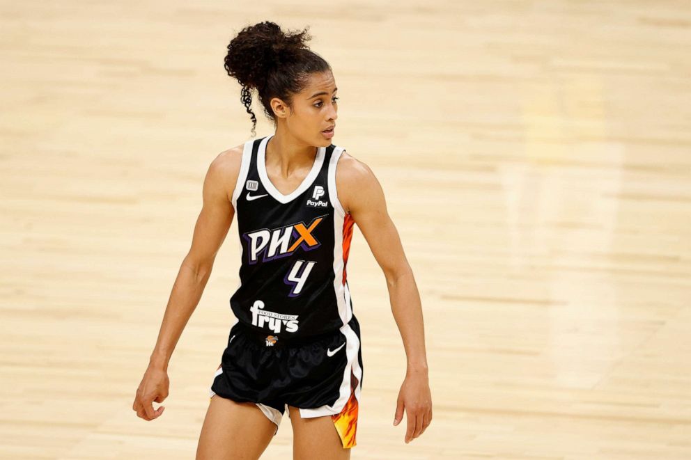 PHOTO: Skylar Diggins-Smith of the Phoenix Mercury looks on during the first half of the WNBA game against the Los Angeles Sparks at Phoenix Suns Arena, June 27, 2021, in Phoenix.