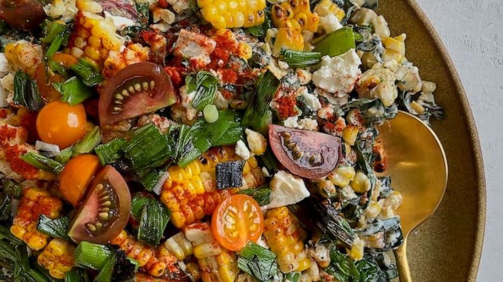 Smoky corn salad, sheet pan roasted ratatouille with socca and peach