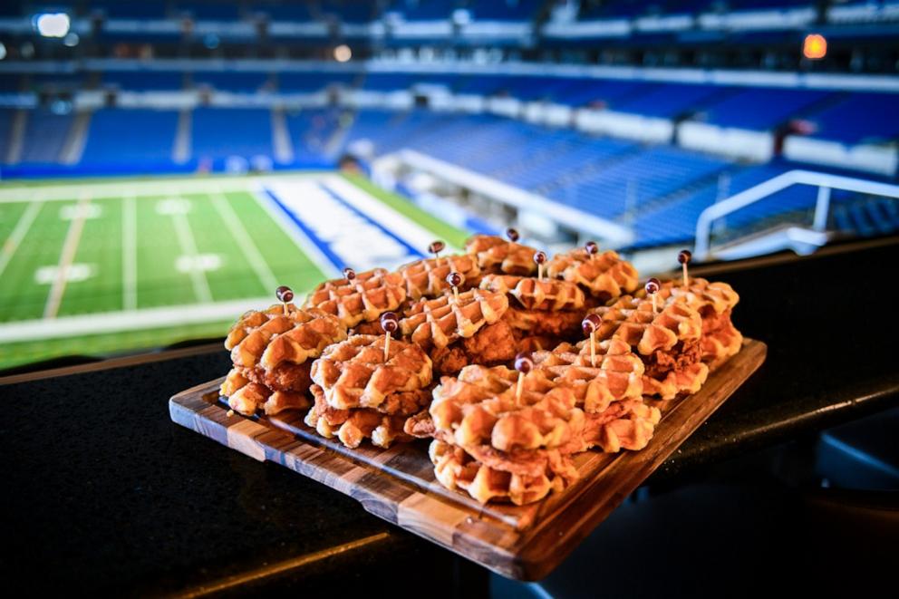 PHOTO: A tray of fried chicken and waffle sandwiches that will be served to Indianapolis Colts fans this NFL season.