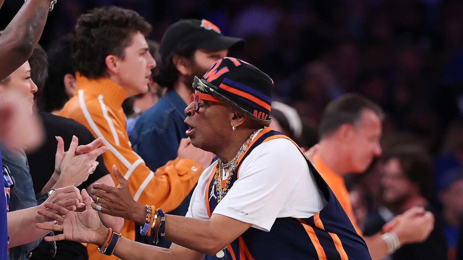 Director Spike Lee reacts during the second quarter of a game between the San Antonio Spurs and the New York Knicks in Game Three of the 2026 NBA Finals on June 08, 2026 in New York City.