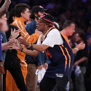Director Spike Lee reacts during the second quarter of a game between the San Antonio Spurs and the New York Knicks in Game Three of the 2026 NBA Finals on June 08, 2026 in New York City. 