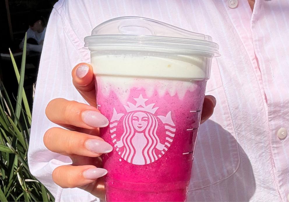 PHOTO: Starbucks Mango Dragonfruit Lemonade Refresher with peach juice blend and vanilla sweet cream cold foam available to order starting July 14 at Starbucks via the app.
