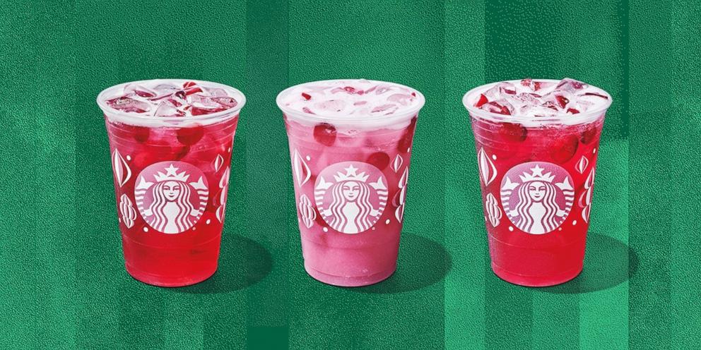 PHOTO: A lineup of three new holiday Refreshers at Starbucks.