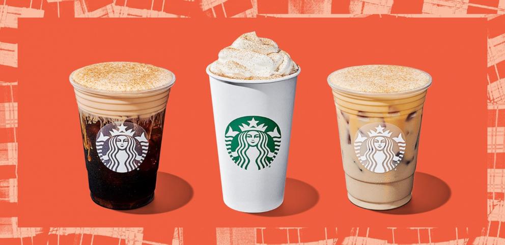 PHOTO: A trio of Starbucks pumpkin beverages for fall.