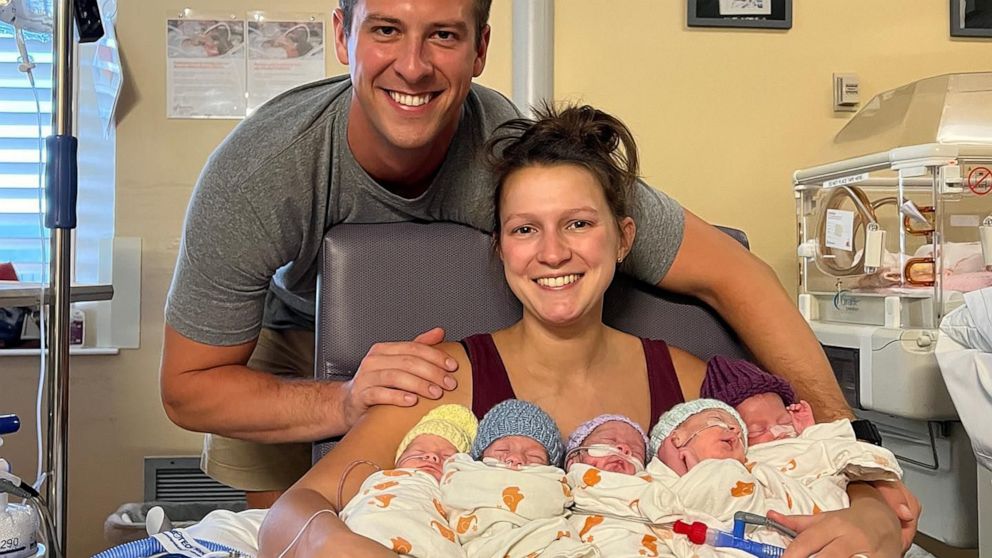 PHOTO: Graham and Stephanie Freels are pictured with their quintuplets, who were born on June 4, 2023.