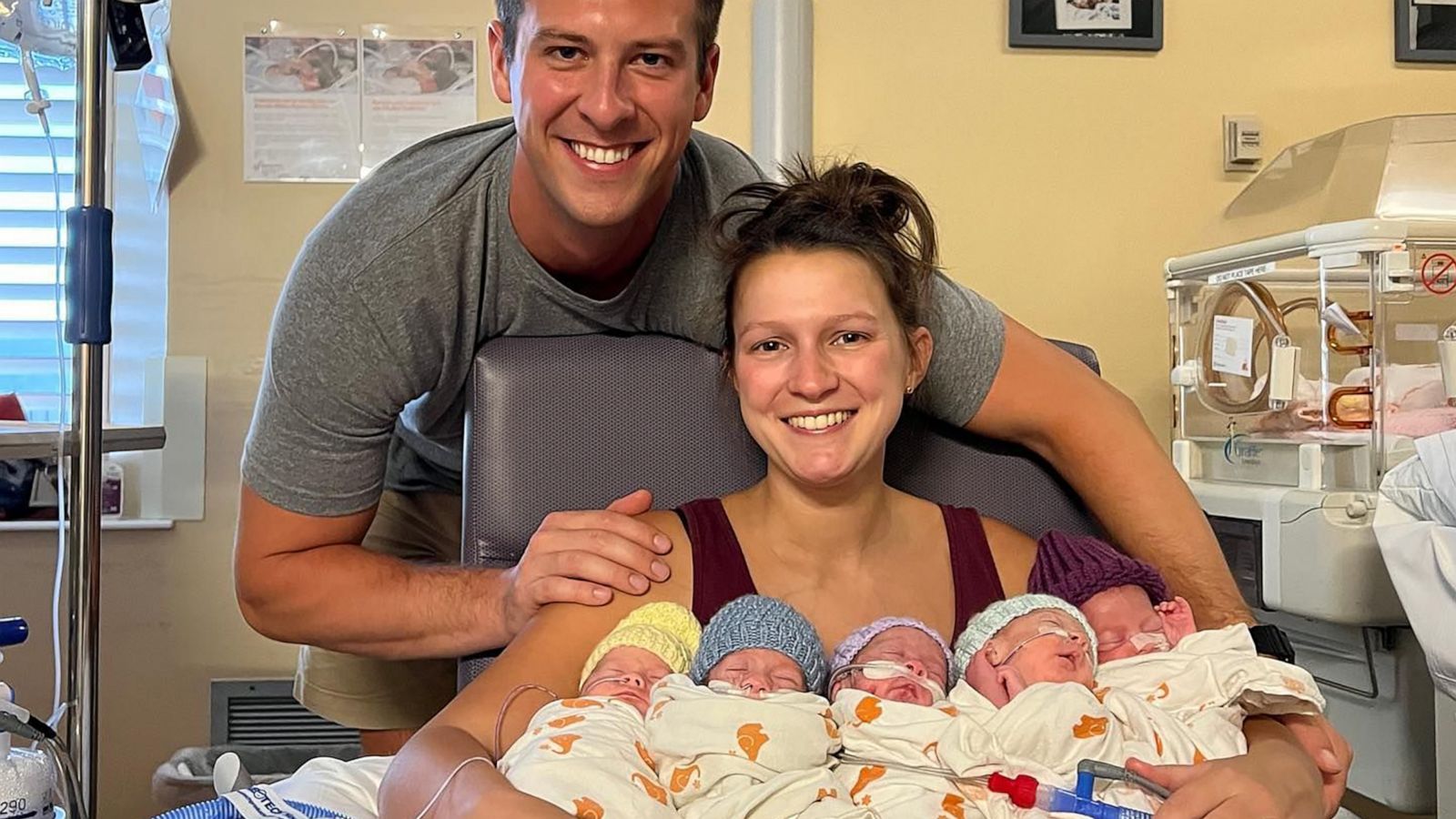 PHOTO: Graham and Stephanie Freels are pictured with their quintuplets, who were born on June 4, 2023.