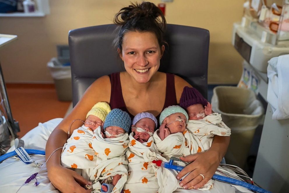 PHOTO: Stephanie Freels is pictured with her five newborns, who were born on June 4, 2023.