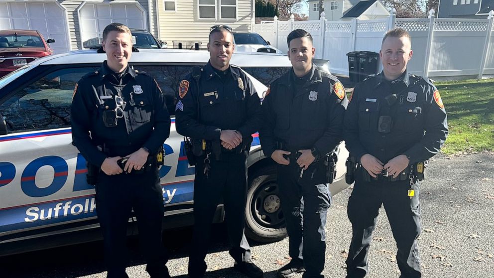 PHOTO: Suffolk County Police Officers Conor Diemer Officers Jadin Rodriguez, Zachary Vormittag and Sgt. Jon-Erik Negron.