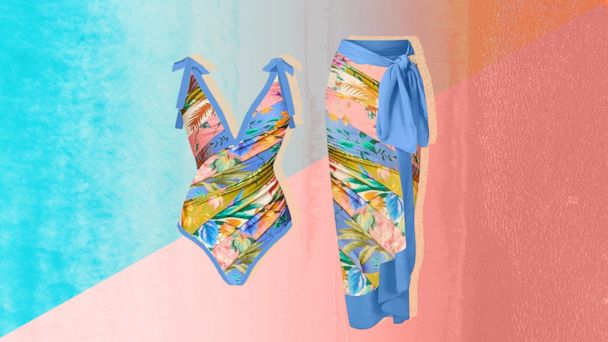 This colorful beach cover-up comes with a matching swimsuit and is ...
