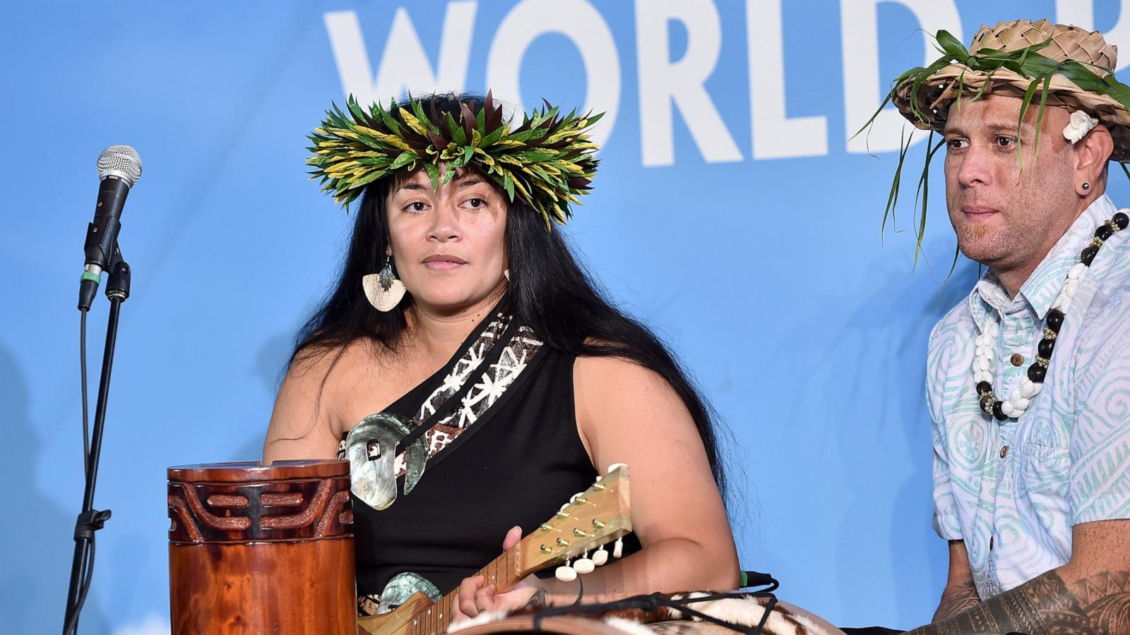 PHOTO: Musicians Tiana Liufau (L) and Sefa Pumphrey perform onstage at The World Premiere of Disney's "MOANA" at the El Capitan Theatre on Monday, November 14, 2016 in Hollywood, CA.