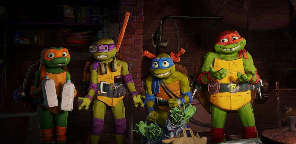 PHOTO: Donatello "Donnie", voiced by Micah Abbey, Leonardo "Leo", voiced by Nicolas Cantu, Raphael "Raph", voiced by Brady Noon, and Michelangelo "Mikey", voiced by Shamon Brown Jr., are seen in a still from "Teenage Mutant Ninja Turtles: Mutant Mayhem."