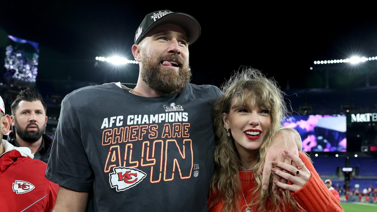 PHOTO: Travis Kelce #87 of the Kansas City Chiefs celebrates with Taylor Swift after a 17-10 victory against the Baltimore Ravens in the AFC Championship Game at M&T Bank Stadium on January 28, 2024 in Baltimore, Maryland.