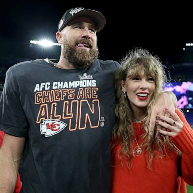 PHOTO: Travis Kelce #87 of the Kansas City Chiefs celebrates with Taylor Swift after a 17-10 victory against the Baltimore Ravens in the AFC Championship Game at M&T Bank Stadium on January 28, 2024 in Baltimore, Maryland. 