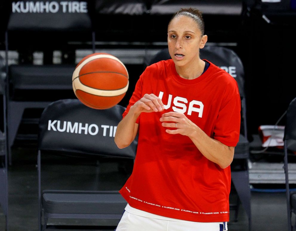 PHOTO: Diana Taurasi of the United States warms up before an exhibition game against Nigeria at Michelob ULTRA Arena ahead of the Tokyo Olympic Games, July 18, 2021, in Las Vegas.