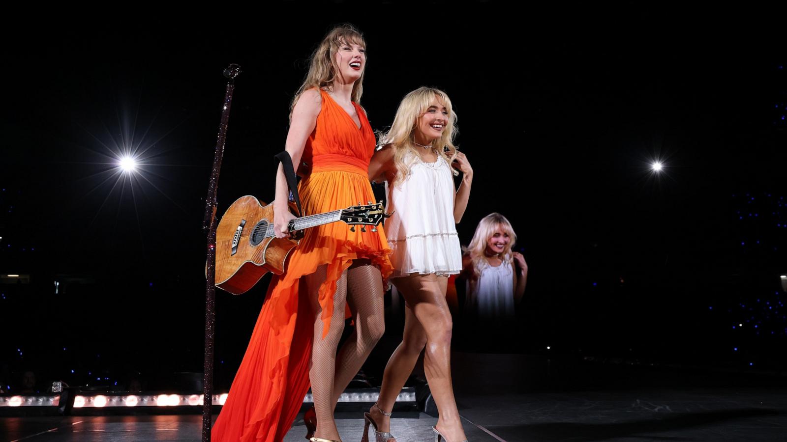 PHOTO: Taylor Swift and Sabrina Carpenter perform onstage during night two of "The Eras Tour" at Caesars Superdome in New Orleans, La., Oct. 26, 2024.