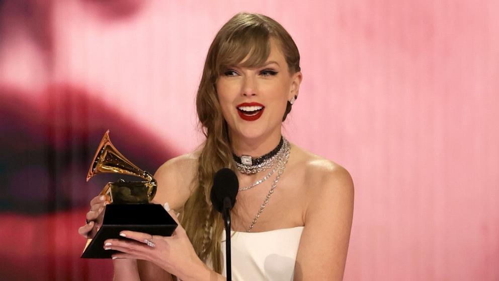 PHOTO: Taylor Swift accepts the Album Of The Year award for "Midnights" during the 66th GRAMMY Awards at Crypto.com Arena  in Los Angeles, Feb. 04, 2024.
