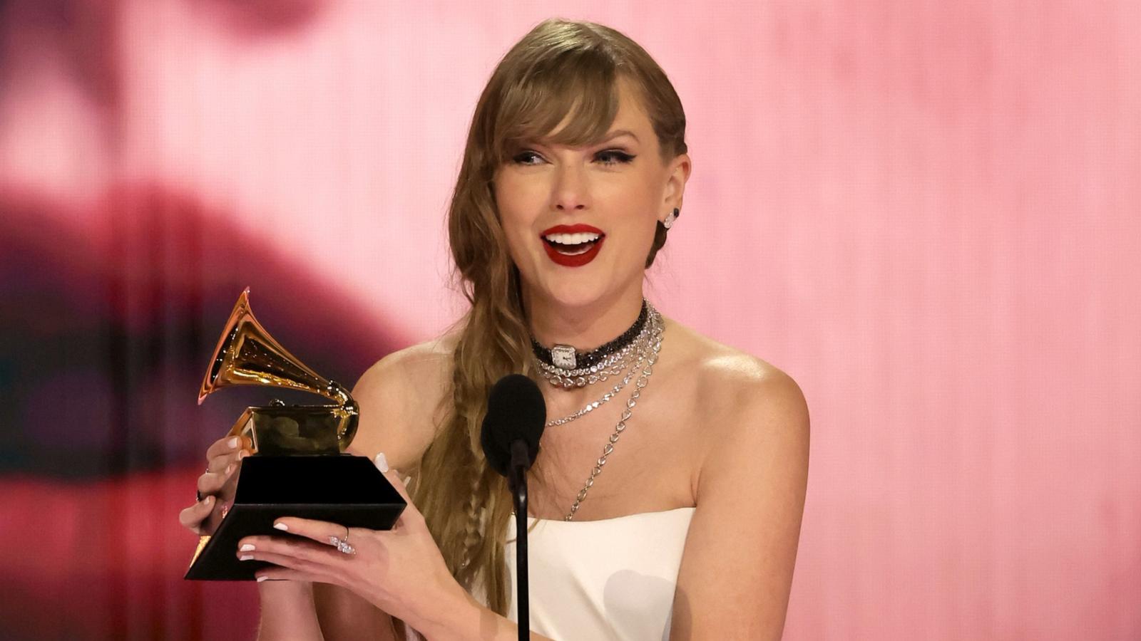 PHOTO: Taylor Swift accepts the Album Of The Year award for "Midnights" during the 66th GRAMMY Awards at Crypto.com Arena in Los Angeles, Feb. 04, 2024.