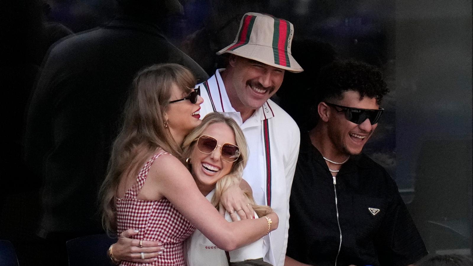 PHOTO: Kansas City Chiefs quarterback Patrick Mahomes and his wife Brittany join Taylor Swift and Chiefs tight end Travis Kelce at the U.S. Open tennis championships in New York, Sept. 8, 2024.