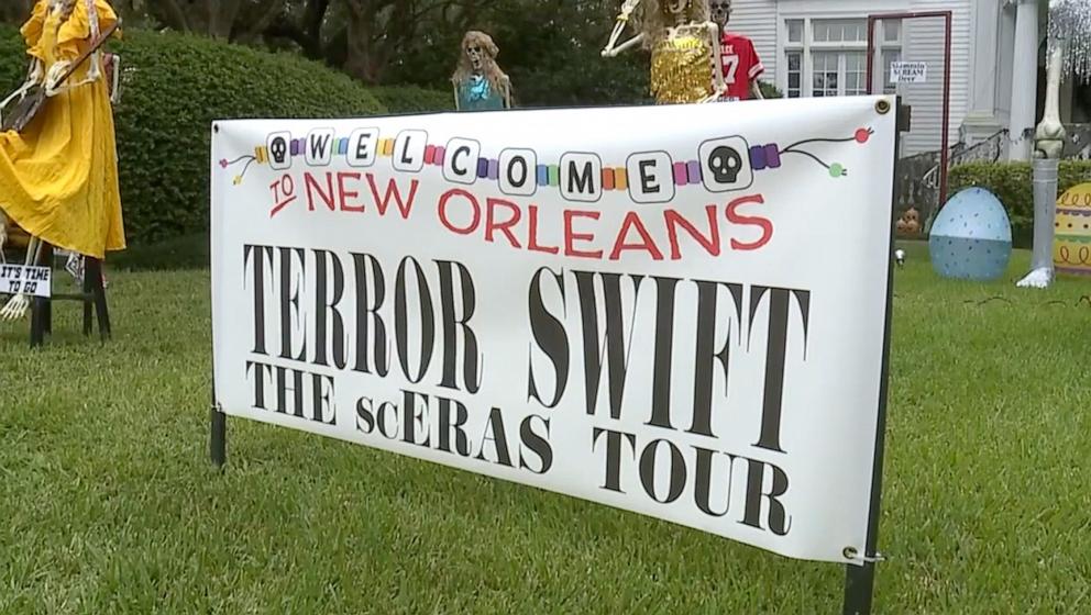 PHOTO: Louellen Berger decorated her New Orleans home with Taylor Swift-themed giant skeletons for Halloween.