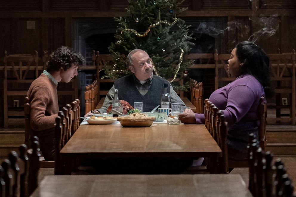 PHOTO: Dominic Sessa stars as Angus Tully, Paul Giamatti as Paul Hunham and Da’Vine Joy Randolph as Mary Lamb in The Holdovers.