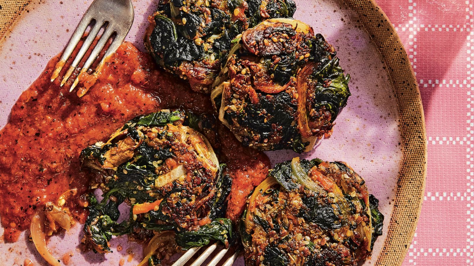 PHOTO: Tlaltequeadas, spinach and squash blossom fritters with roasted tomato and jalapeño salsa.