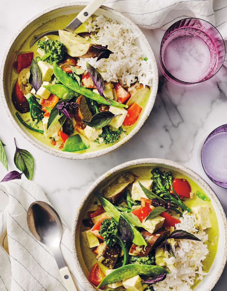 PHOTO: A bowl of tofu and veggie green curry over rice.