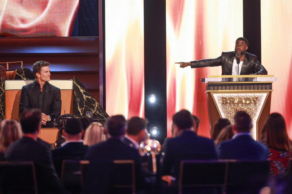 Tom Brady and Kevin Hart speak onstage during G.R.O.A.T The Greatest Roast Of All Time: Tom Brady for the Netflix is a Joke Festival in Inglewood, CA, May 05, 2024.