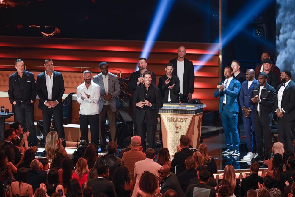PHOTO: Tom Brady and roast participants onstage during G.R.O.A.T The Greatest Roast Of All Time: Tom Brady for the Netflix is a Joke Festival in Inglewood, CA, May 05, 2024.