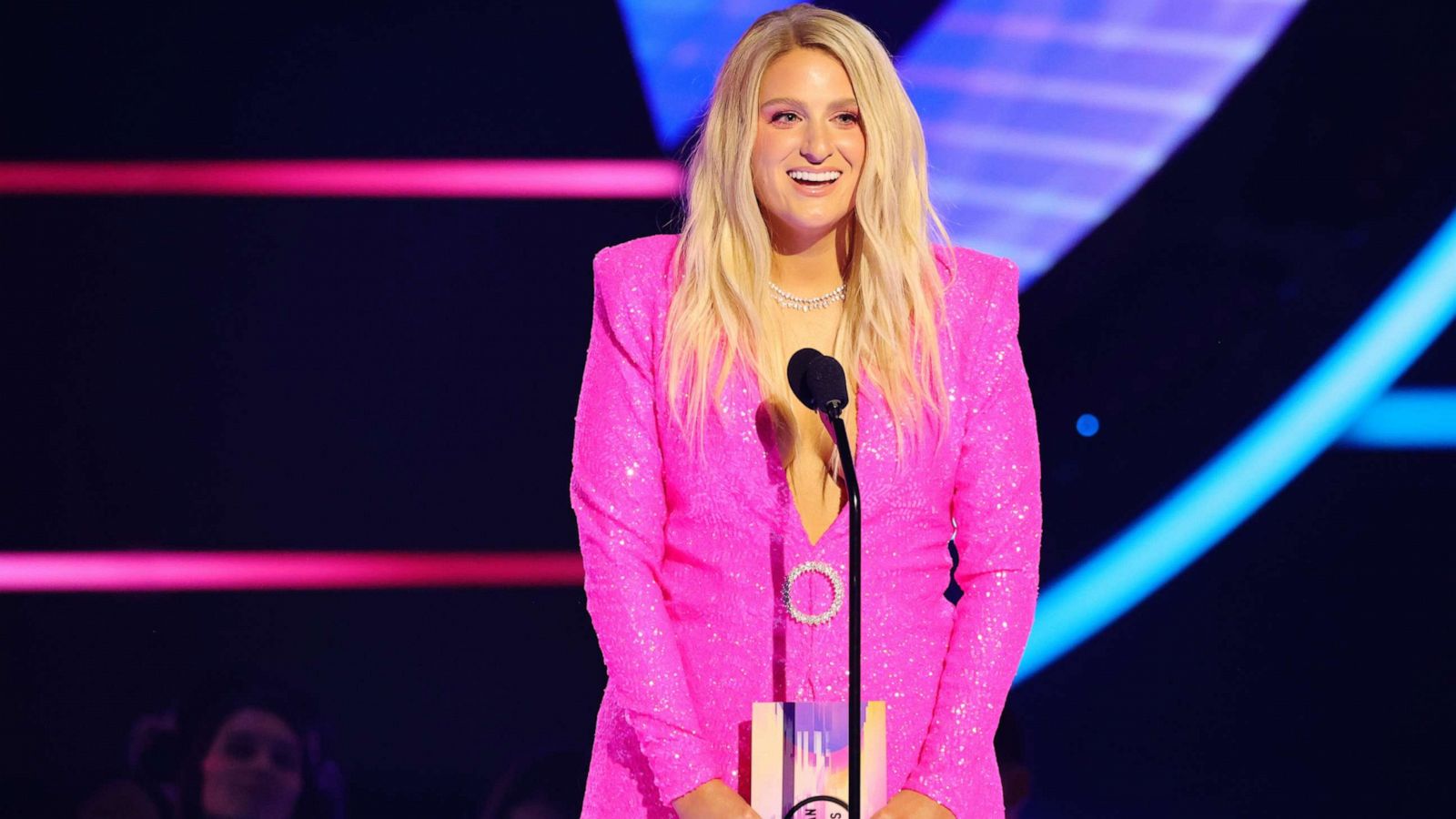 PHOTO: Meghan Trainor speaks onstage during the 2022 American Music Awards at Microsoft Theater on Nov. 20, 2022 in Los Angeles.