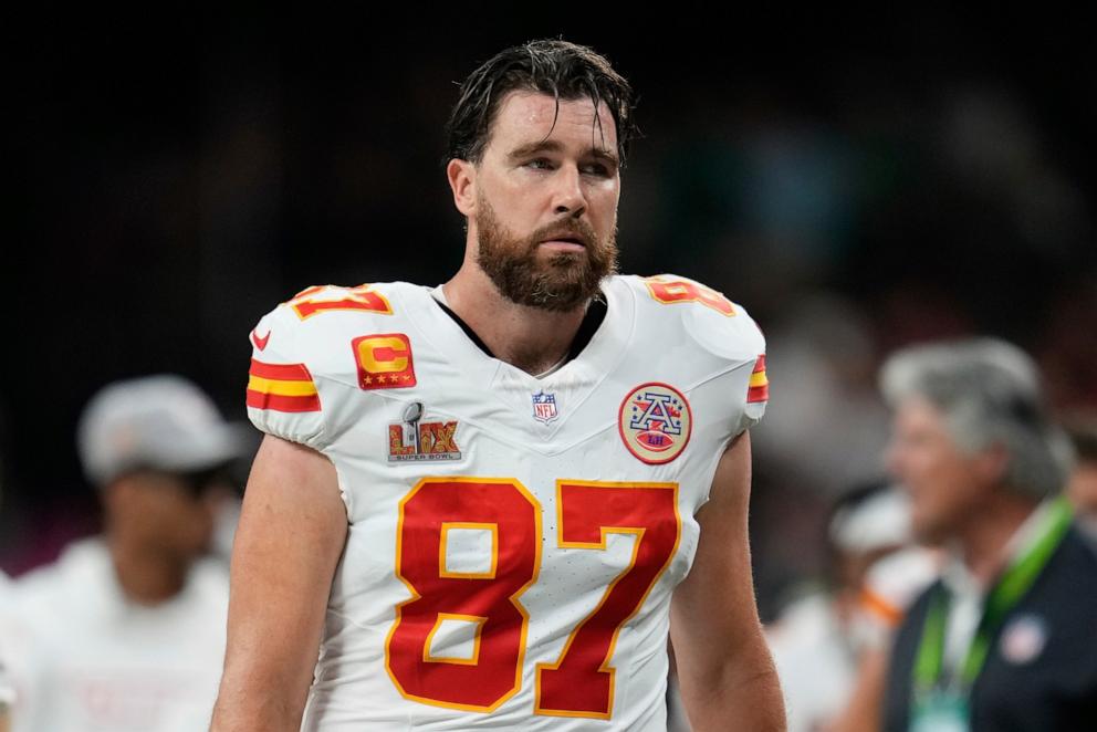 PHOTO: Kansas City Chiefs tight end Travis Kelce (87) walks off the field at the halftime break during the NFL Super Bowl 59 football game against the Philadelphia Eagles, Feb. 9, 2025, in New Orleans. 