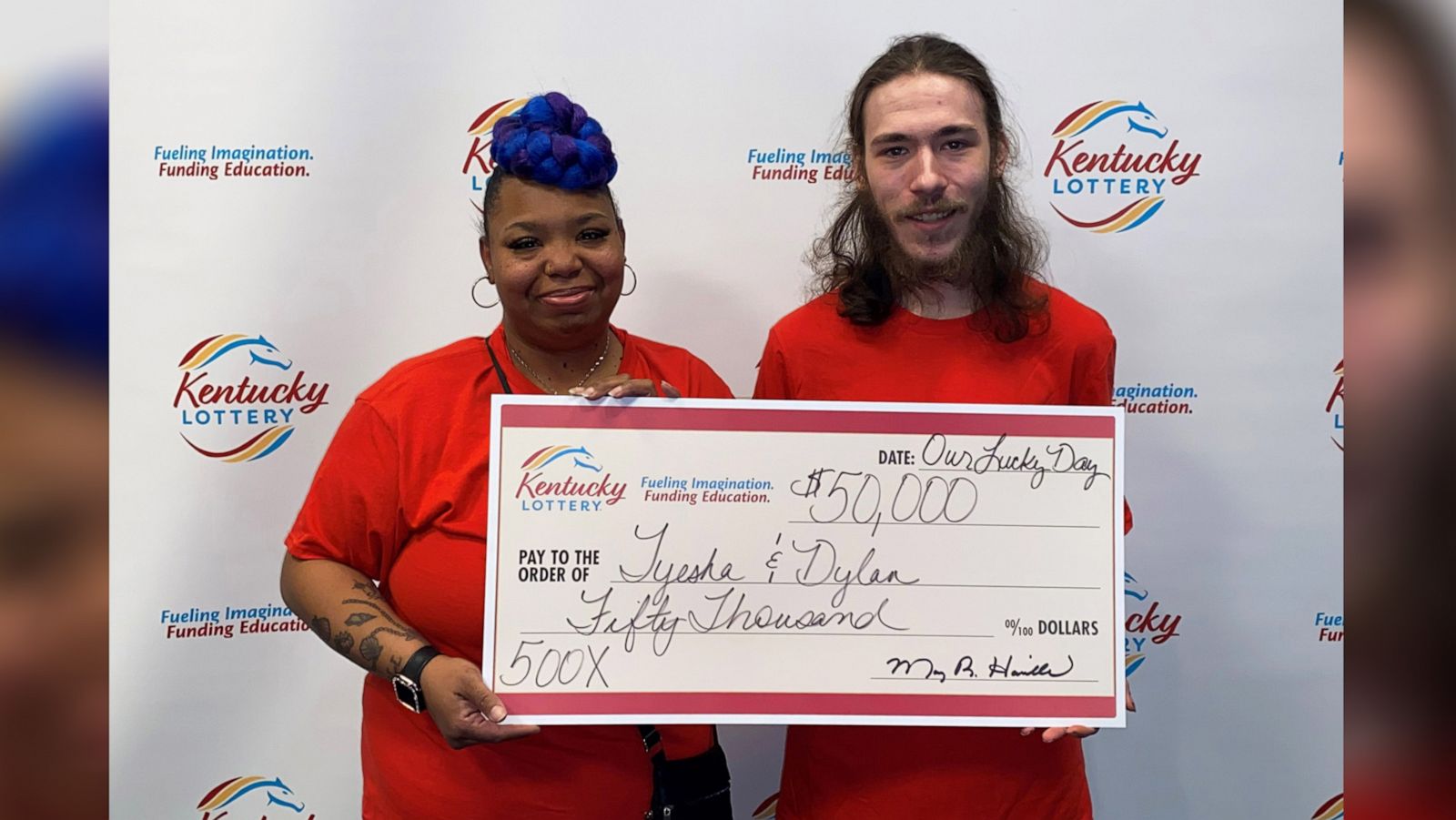 PHOTO: Tyesha Trice and Dylan Mitchell, both co-workers at a ValuMarket store in Louisville, Kentucky, won a $50,000 jackpot after playing a Kentucky Lottery scratch-off ticket.