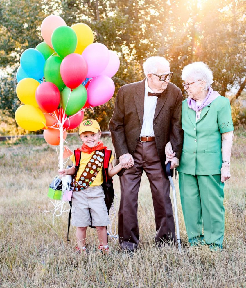 PHOTO: 5-year-old Elijah Perman poses next to his great-grandpa Richard and great-grandma Caroline in an 'Up'-themed photoshoot. 