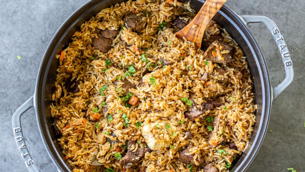 Uzbek Plov is a rice pilaf and braised lamb dish that comes together in a cast-iron Dutch oven.