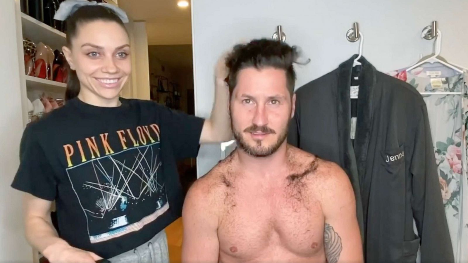 PHOTO: Jenna Johnson cuts Val Chmerkovskiy's hair during quarantine, April 22, 2020.