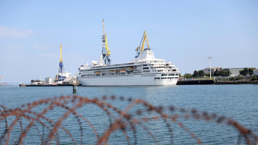 PHOTO: The Odyssey, a U.S. cruise liner operated by Villa Vie Residences docked at Harland & Wolf ship repair facility in Belfast Harbour, Northern Ireland, Aug. 30, 2024. 