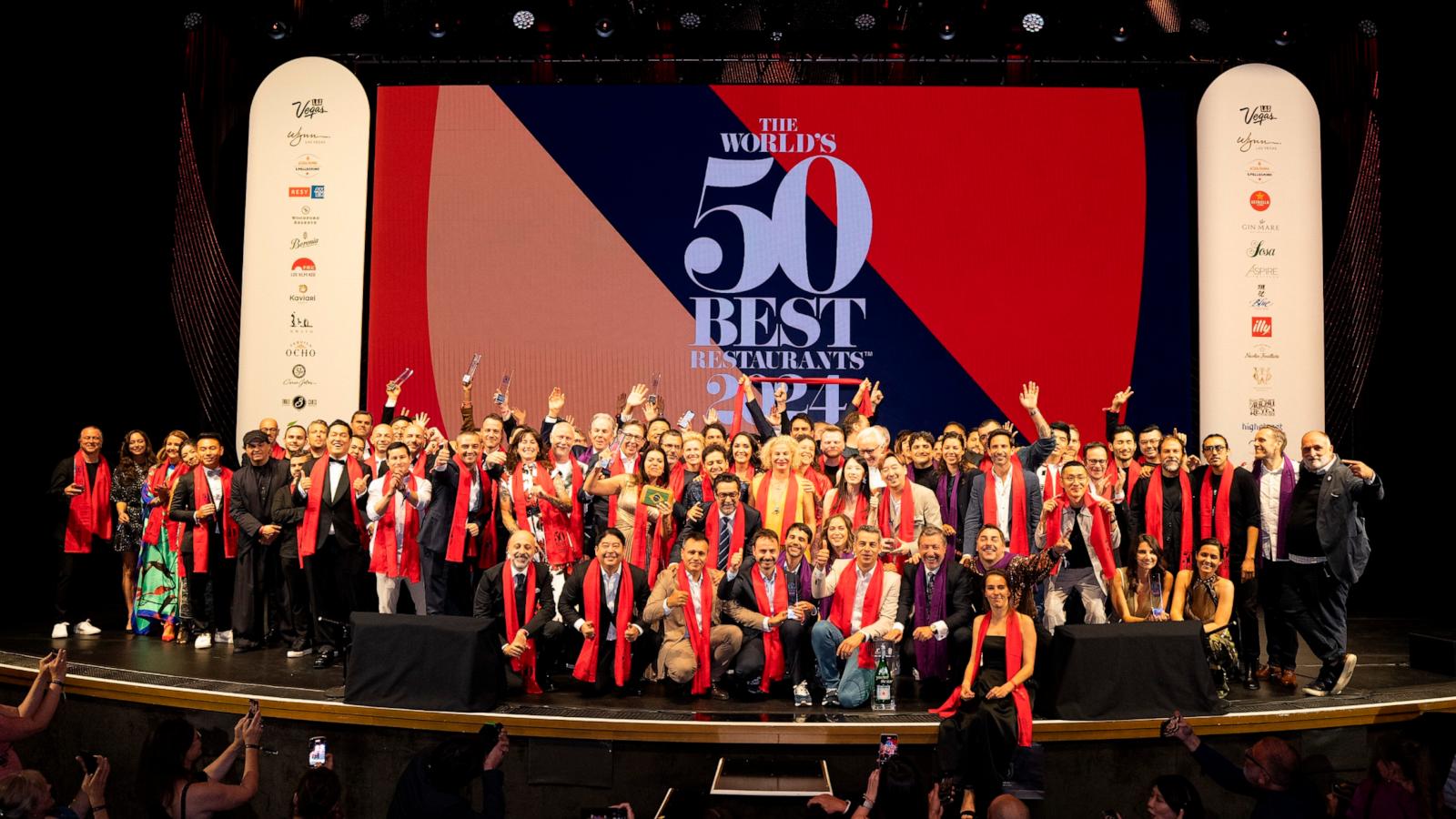 PHOTO: The World's 50 Best Restaurants 2024 winners on stage at the Encore Theatre in Las Vegas.