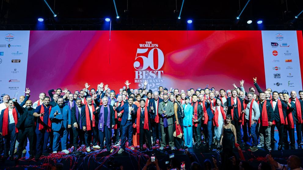 PHOTO: Winners from the World's 50 Best Restaurants on stage Thursday at Lingotto Fiere in Turin, Italy.