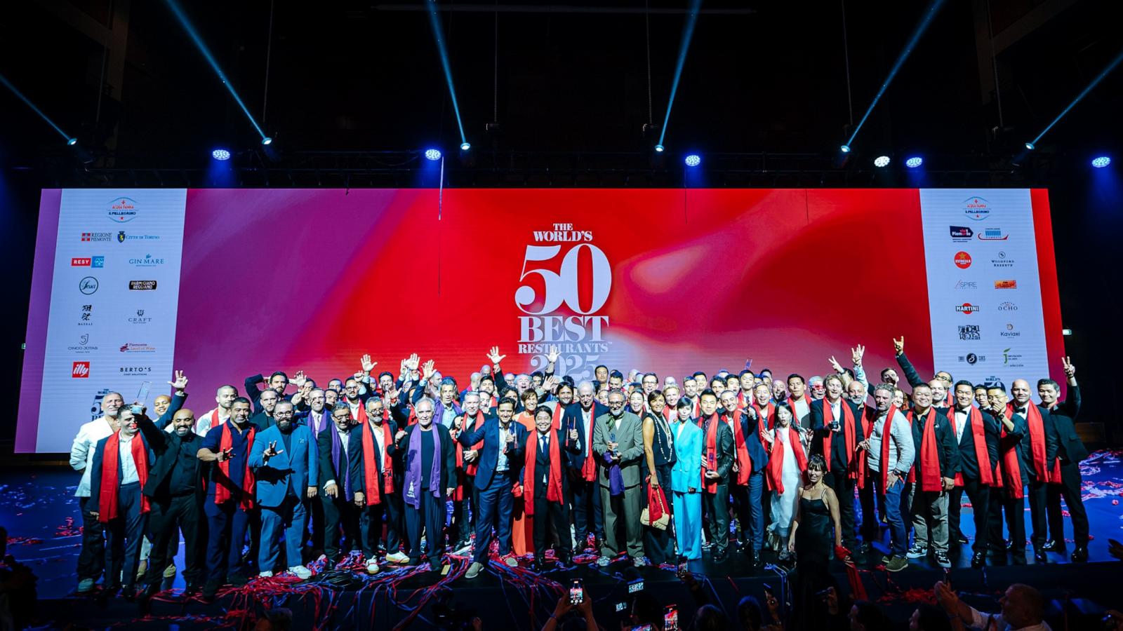 PHOTO: Winners from the World's 50 Best Restaurants on stage Thursday at Lingotto Fiere in Turin, Italy.
