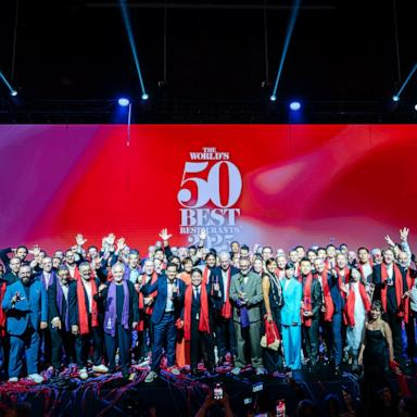 PHOTO: Winners from the World's 50 Best Restaurants on stage Thursday at Lingotto Fiere in Turin, Italy.