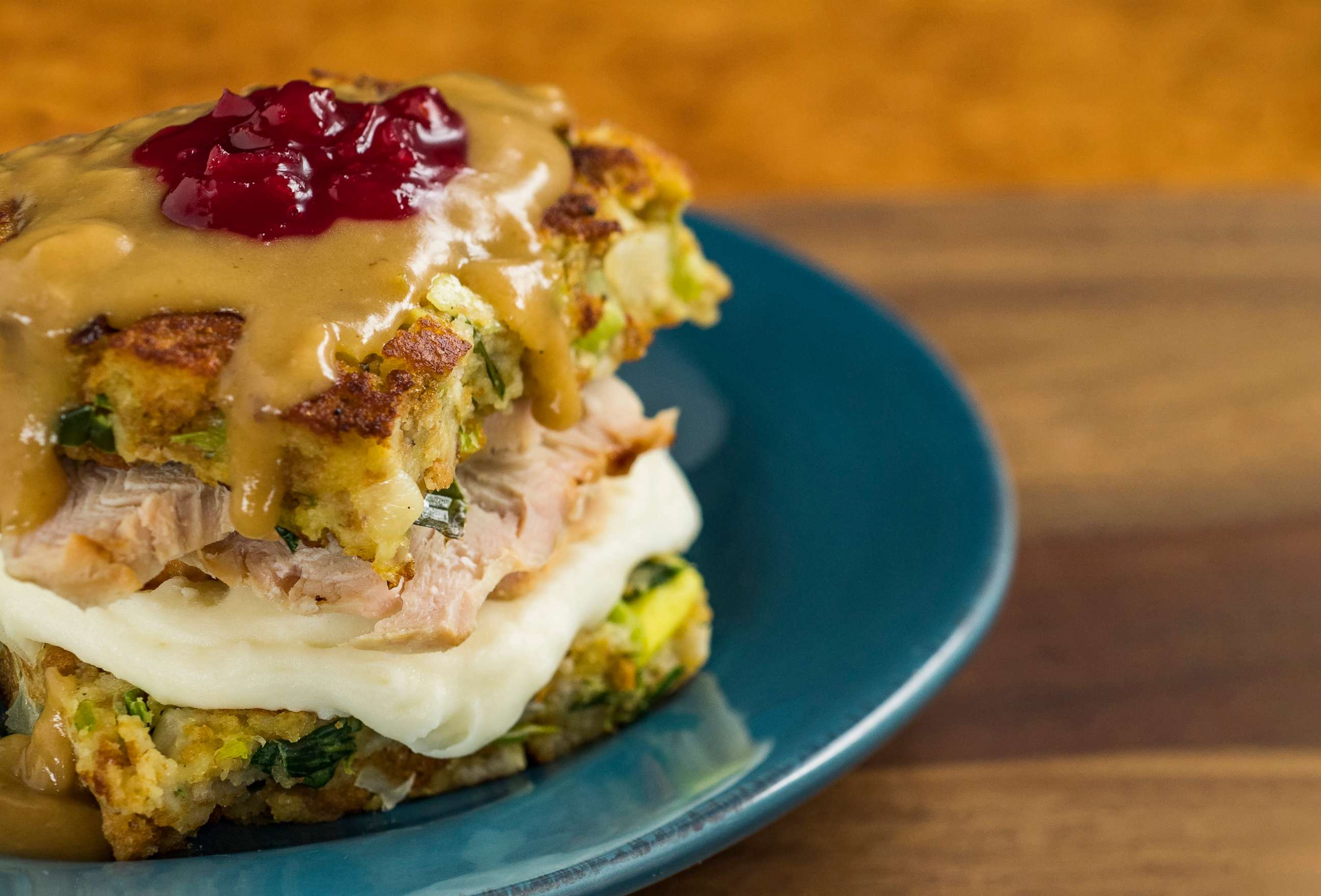 PHOTO: Recipe for Leftover Stuffing Waffles with Turkey, Mashed Potatoes, Gravy and Homemade Cranberry Sauce