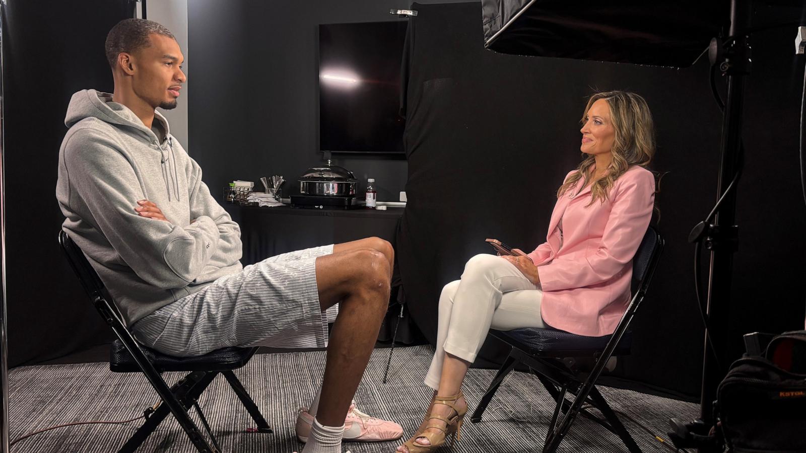 PHOTO: San Antonio Spurs star Victor Wembanyama speaks with ABC News' Rhiannon Ally in an interview on "Good Morning America" on June 10, 2026.