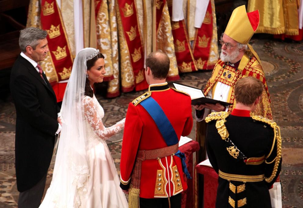 PHOTO: Prince William and Catherine Middleton are seen at the altar with Archbishop of Canterbury Rowan Williams, Prince Harry, and father of the bride Michael Middleton at Westminster Abbey in London, England, April 29, 2011.