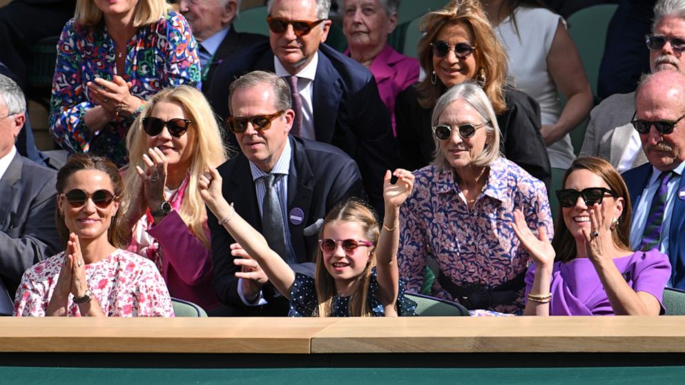 PHOTO: Pippa Middleton, Stefan Edberg, Princess Charlotte of Wales, Marjory Gengler and Catherine Princess of Wales court-side of Centre Court during the men's final at the All England Lawn Tennis and Croquet Club on July 14, 2024 in London.