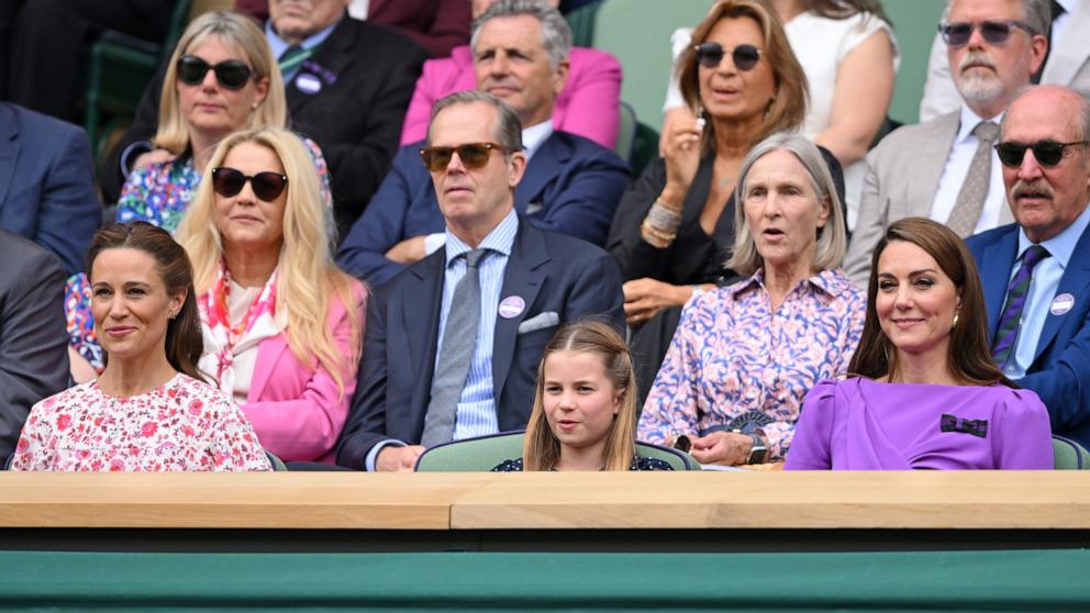 PHOTO: Pippa Middleton, Stefan Edberg, Princess Charlotte of Wales, Marjory Gengler, Catherine Princess of Wales court-side of Centre Court during the men's final at the All England Lawn Tennis and Croquet Club on July 14, 2024 in London.