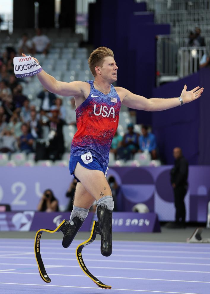 PHOTO: Hunter Woodhall celebrates after winning a gold medal in the Men's Para Athletics 400m T62 Final Race on day nine of the Paris 2024 Summer Paralympic Games at Stade de France on Sept. 6, 2024 in Paris.