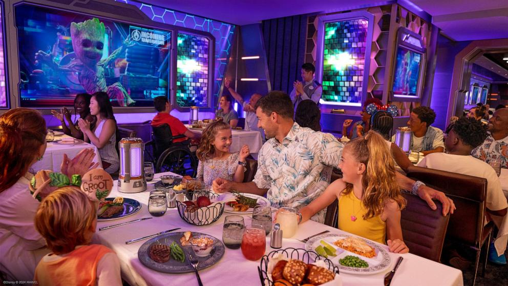 PHOTO: Worlds of Marvel, Disney Cruise Line’s Marvel-themed dining experience, will host guests for a celebration starring the duo of Rocket and Groot from the blockbuster Marvel Studios “Guardians of the Galaxy” films on the Disney Destiny. 