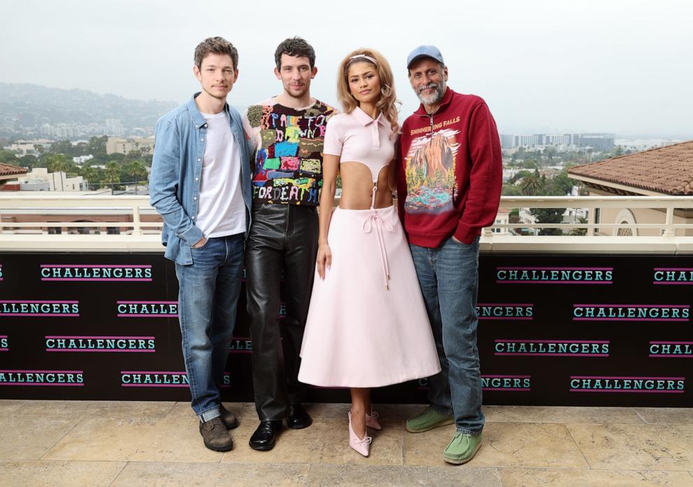 PHOTO: Mike Faist, Josh O'Connor, Zendaya and Director/Producer Luca Guadagnino seen at the "Challengers" Tour in Los Angeles on April 20, 2024 in Beverly Hills, Calif.
