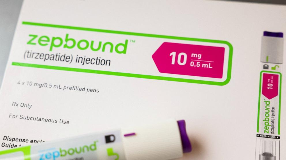 PHOTO: An injection pen of Zepbound, Eli Lilly's weight loss drug, is displayed in New York City, Dec. 11, 2023.