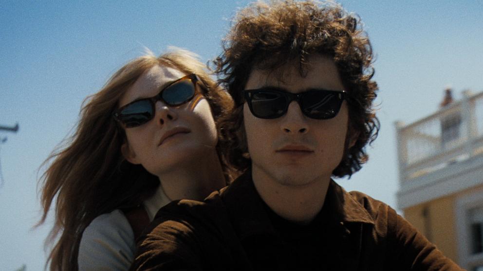 PHOTO: Elle Fanning as Sylvie Russo, left, and Timothée Chalamet as Bob Dylan, are seen in a still from the upcoming film, "A Complete Unknown."